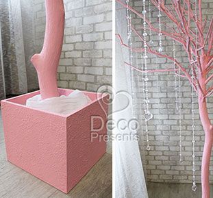 Decorative tree made of pink branches for cafe interior, buy in Norway, Sweden, Finland