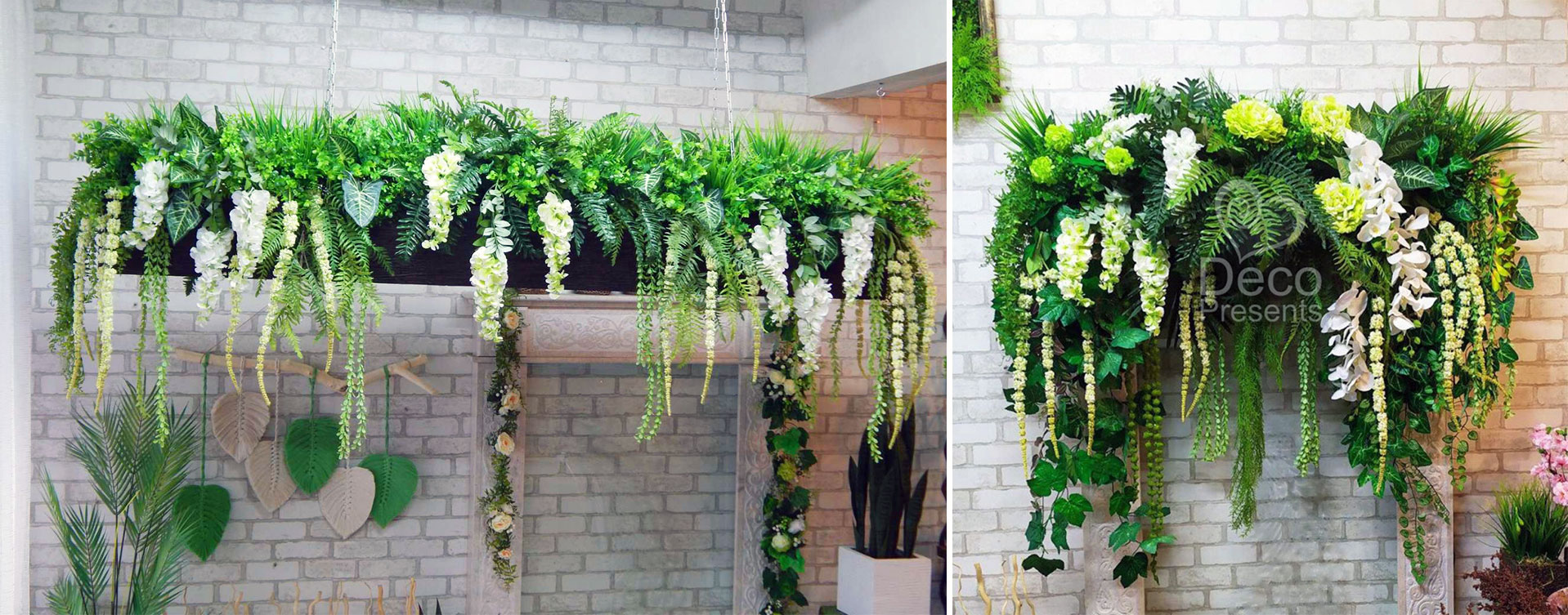 Hanging arrangements of artificial flowers for a beauty salon