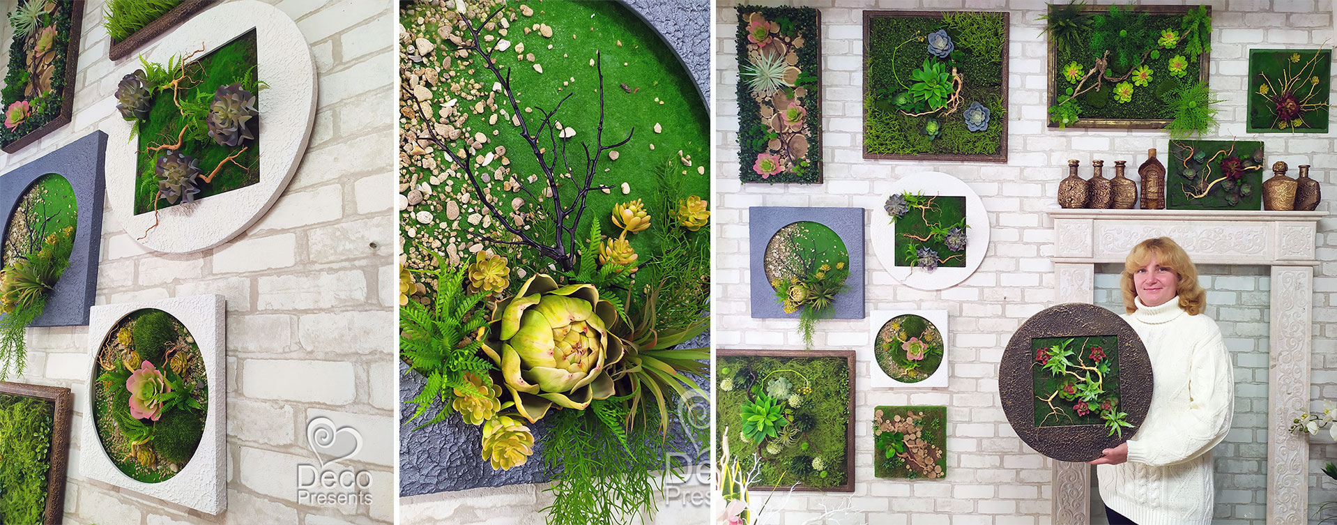 Wall paintings and panels from succulents and stabilized moss