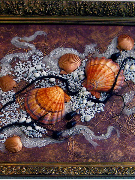 Wall collage made of natural seashells, buy for interior USA, Canada, Australia