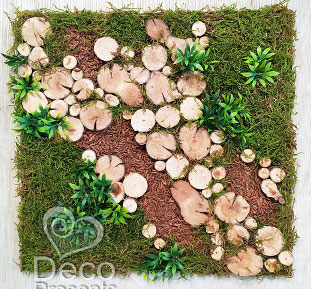 Wall decor made of wood slices and moss, buy for a restaurant in the USA, Canada, Germany, UK