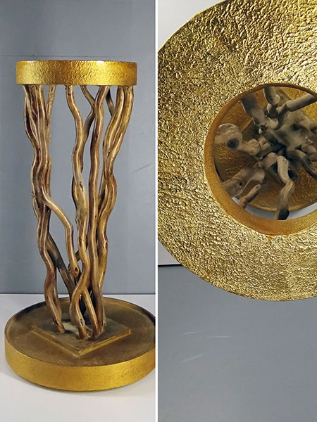 Wooden stand for plants and flowers is made of twisted salix branches and gilded